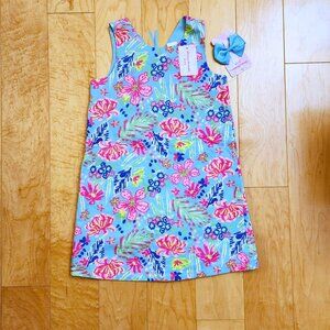 TOMMY BAHAMA 8 Girls Tropical Bedford Cord Shift Lined Dress With Bow Blue Combo